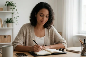 Mixed-race woman with a planner at a desk on an ADHD dating site
