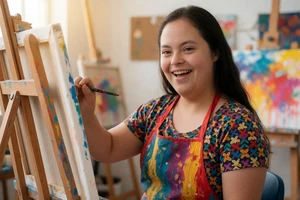 Latina woman with Down syndrome painting in an art studio on a Down syndrome dating site