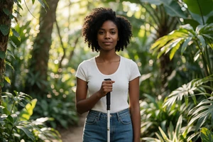 Black woman with a white cane in a botanical garden on a blind people dating site