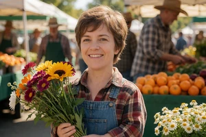 White woman of short stature holding flowers at a farmer's market on a dwarf dating site