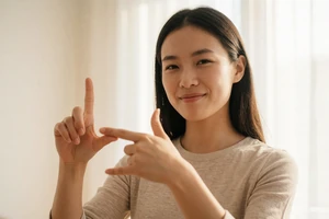 Asian woman signing ASL with expressive hands on a deaf community dating site