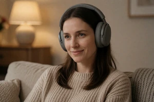 White woman wearing noise-canceling headphones in a cozy room on an autism dating site