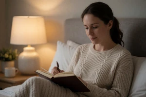 White woman journaling in a cozy bedroom on a bipolar disorder dating site