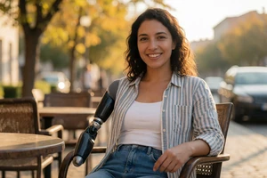 Latina amputee with prosthetic arm smiling at an outdoor cafe on an amputee dating site