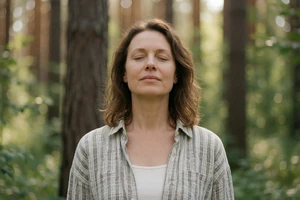 White woman standing peacefully in nature on a PTSD dating site for veterans