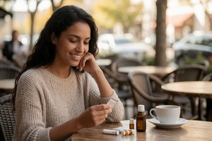 Mixed-race woman at an outdoor cafe with medication visible on an epilepsy dating site