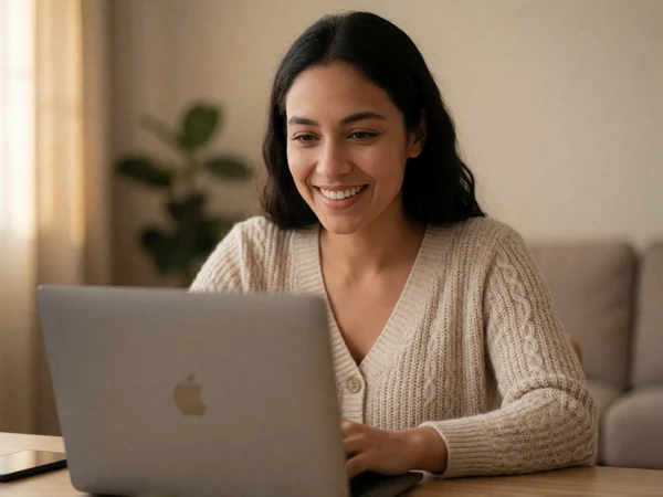 Latina woman smiling at laptop screen during video verification on a disabled dating platform